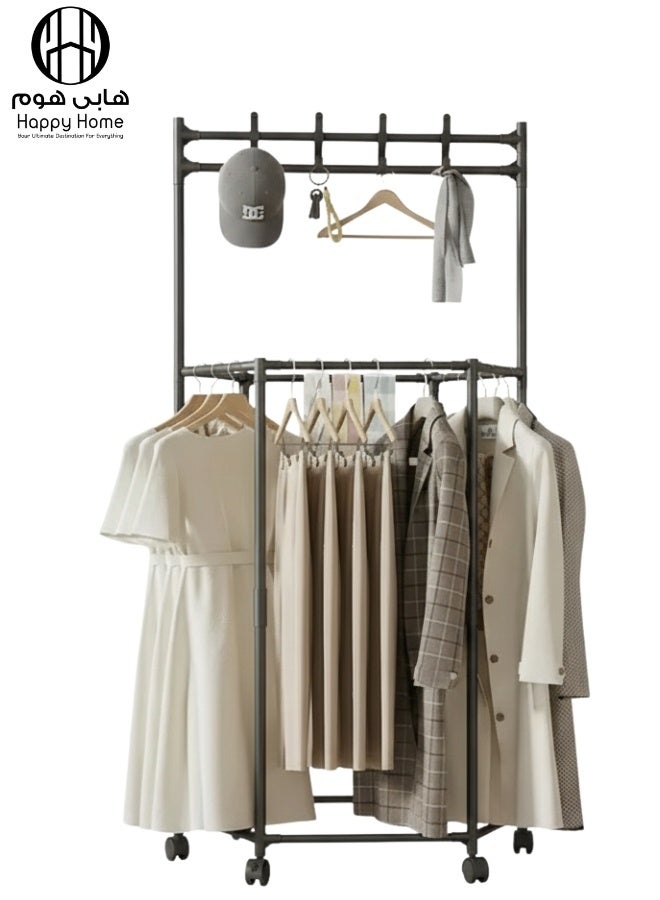 هابي هوم ستاند ملابس متحرك على عجلات 165×73×36 سم – علاقة ملابس أرضية معدنية شديدة التحمل مع رفوف تخزين متعددة، منظم ملابس عملي للمدخل وغرفة النوم وغرفة الملابس، تصميم عصري لتنظيم الملابس، الأحذية والإكسسوارات واستغلال المساحة بأفضل شكل - Image 1